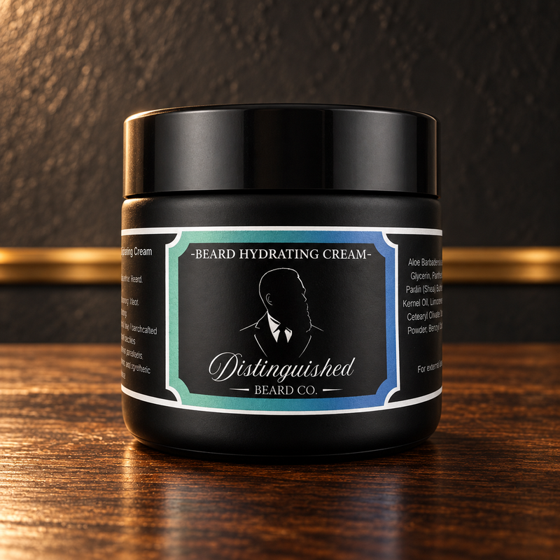 Distinguished Beard Co. Beard Hydrating Cream in a black jar on a walnut barbershop counter against a charcoal wall with brass trim.