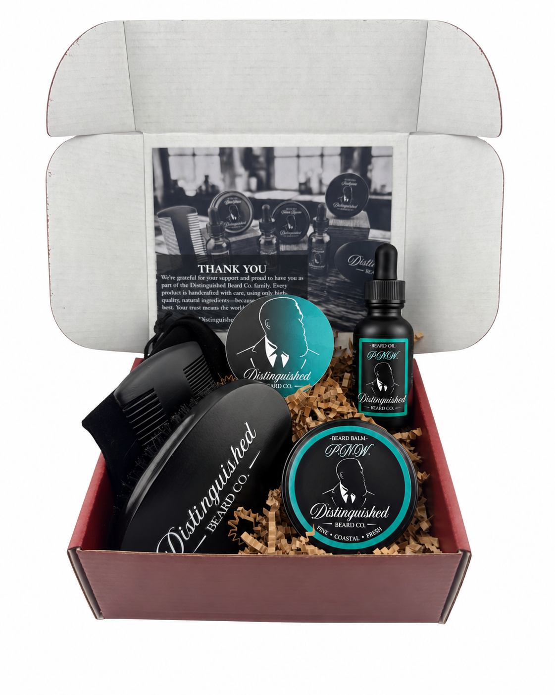 Distinguished Beard Co. P.N.W. Starter box with matching teal scent labels and black beard oil bottle
