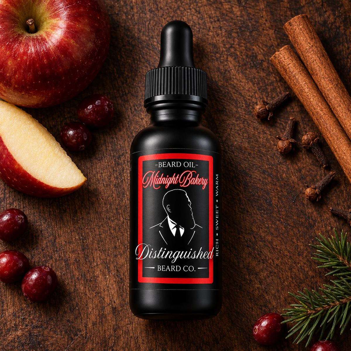 Distinguished Beard Co. Midnight Bakery Beard Oil, styled product on dark wood with apple-and-baking-spice inspired accents