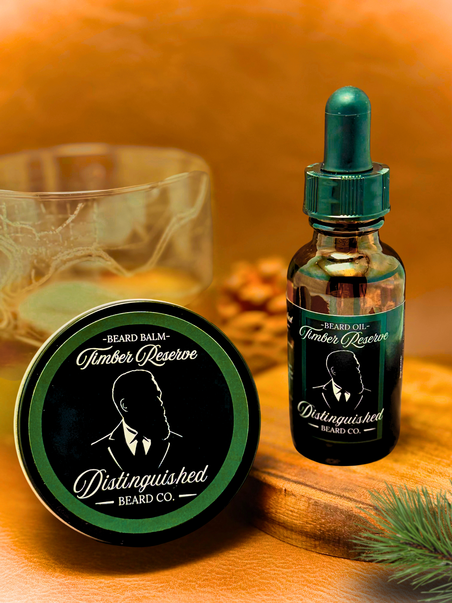 Beard balm and oil from Timber Reserve Distinguished Beard Co. on a wooden surface with a blurred background.