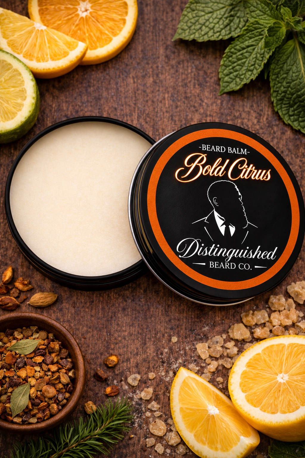 Distinguished Beard Co Bold Citrus Beard Balm with matching scent label