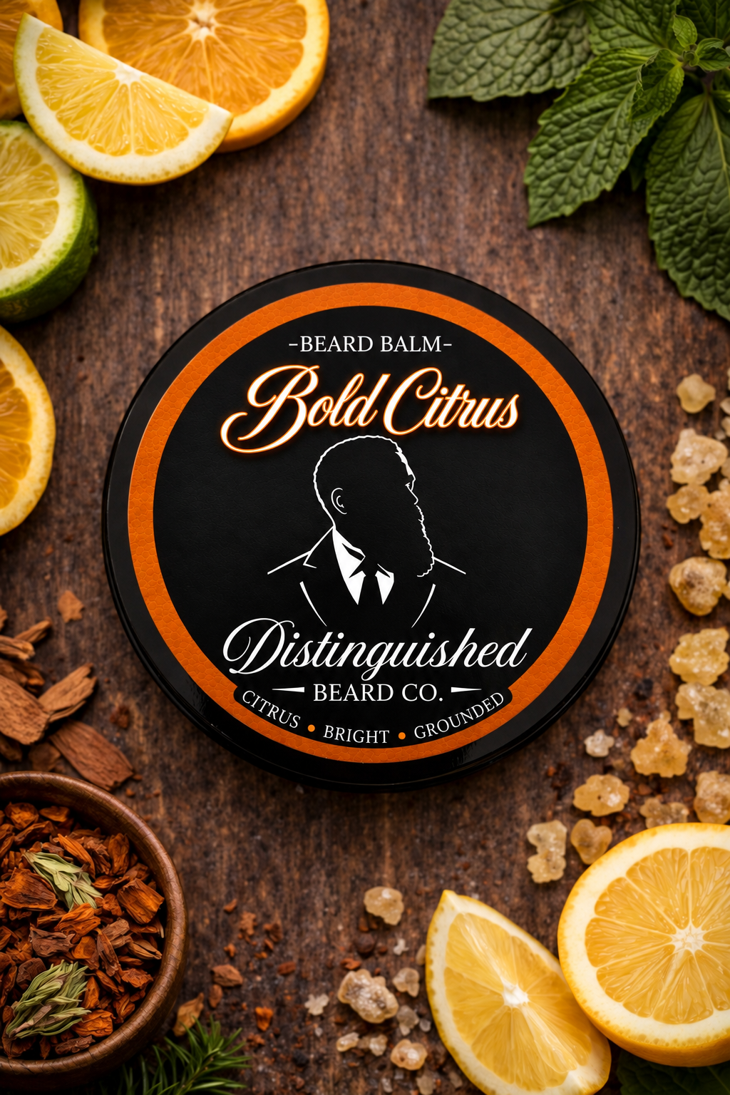 Distinguished Beard Co Bold Citrus Beard Balm with matching scent label