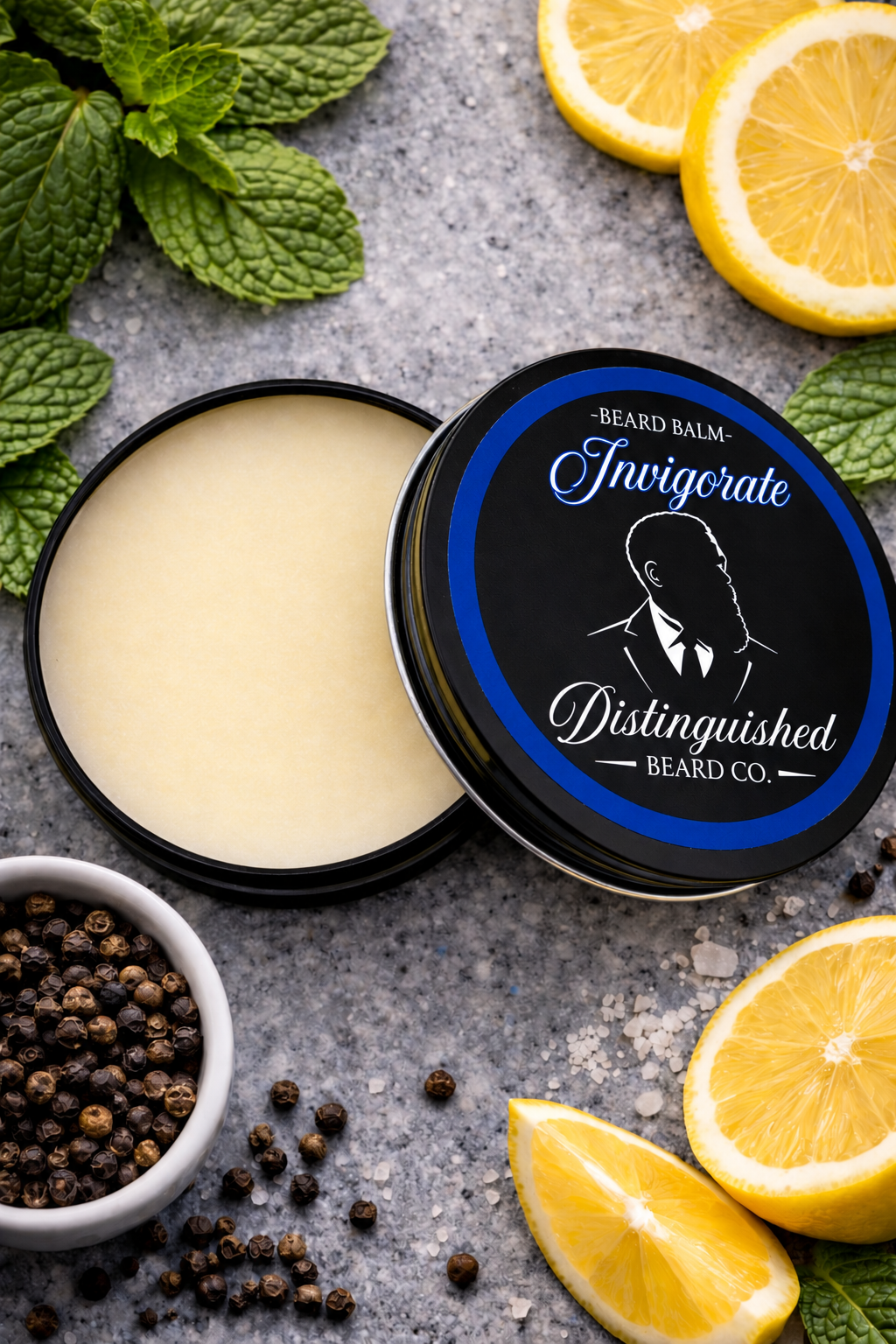 Distinguished Beard Co Invigorate Beard Balm with matching scent label
