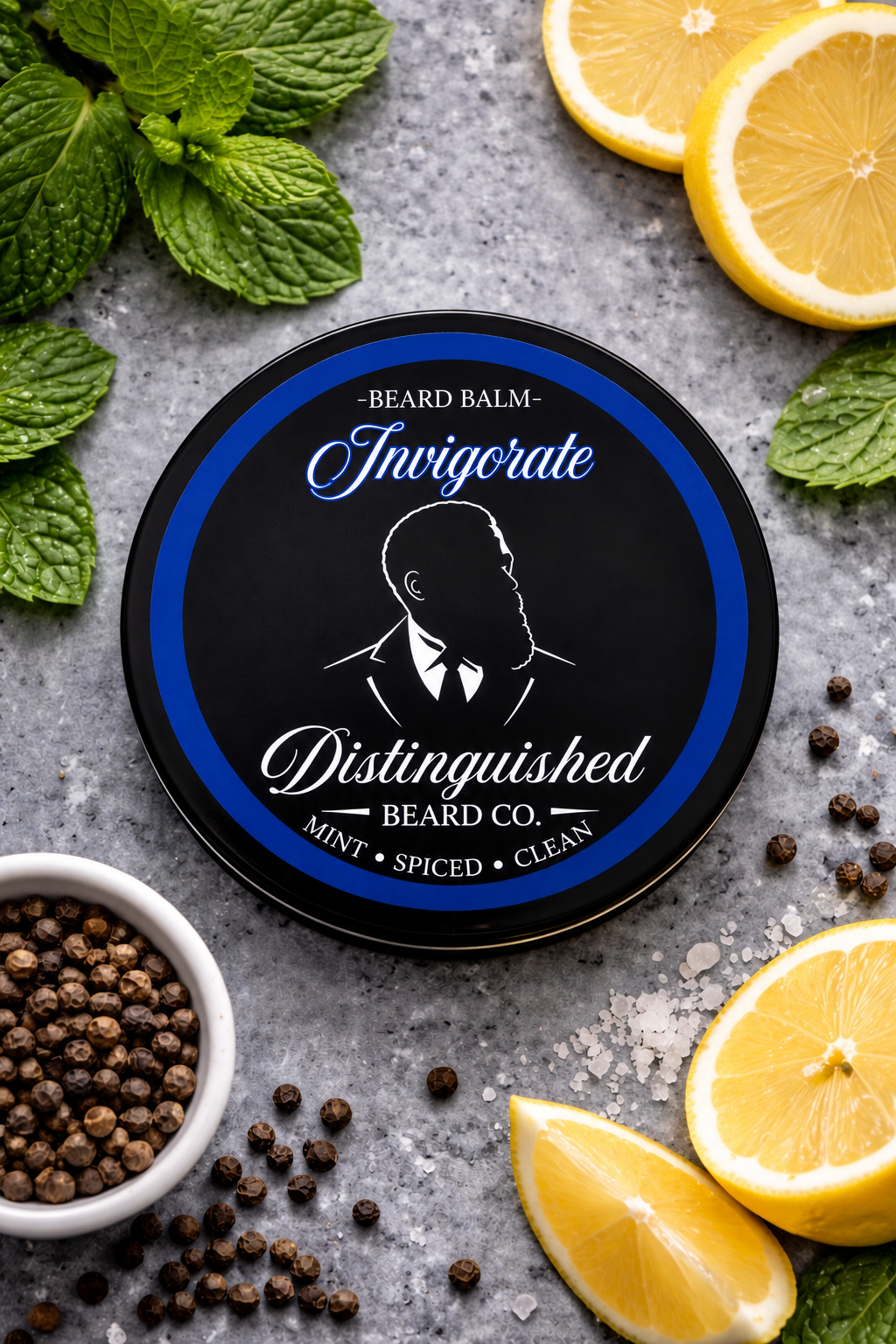 Distinguished Beard Co Invigorate Beard Balm with matching scent label