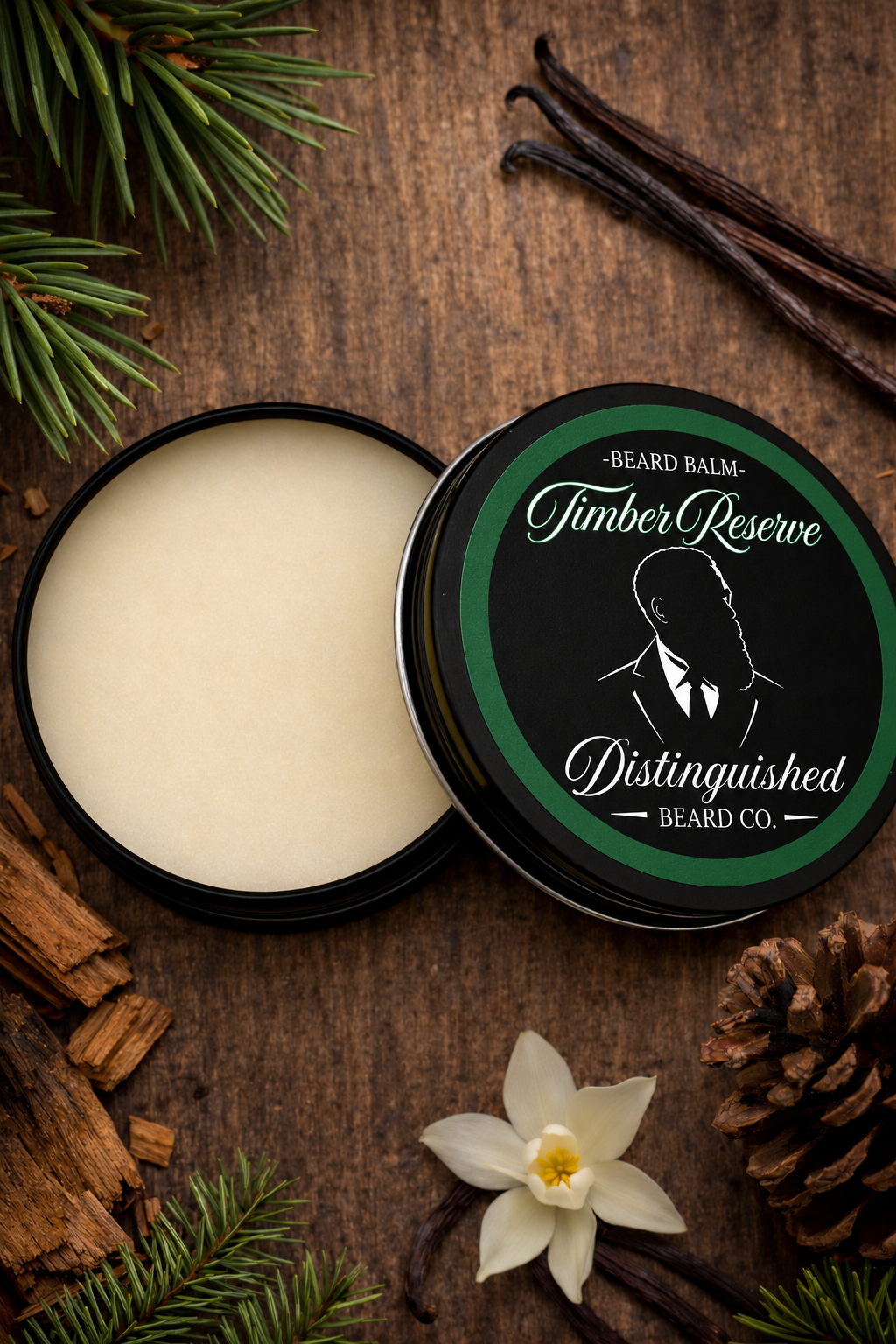 Distinguished Beard Co Timber Reserve Beard Balm with matching scent label