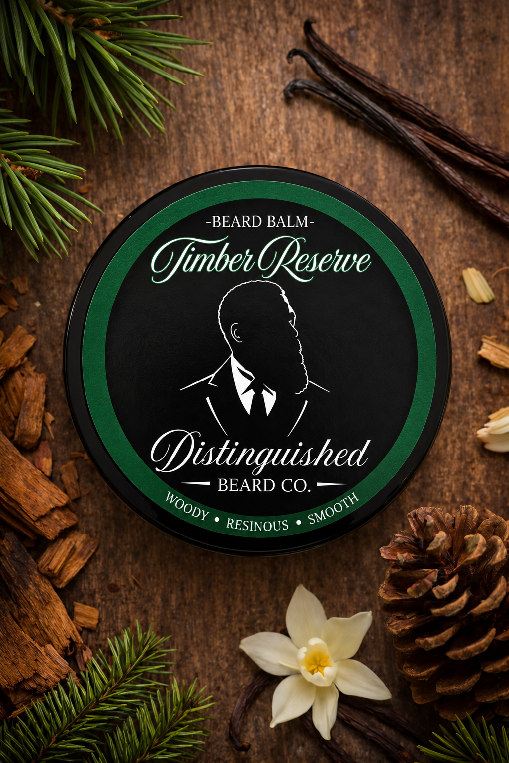 Distinguished Beard Co Timber Reserve Beard Balm with matching scent label