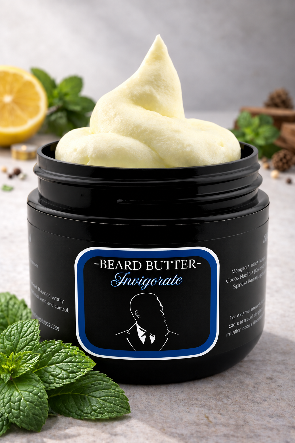 Distinguished Beard Co Invigorate Beard Butter with matching scent label