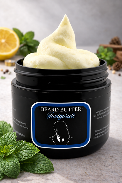 Distinguished Beard Co Invigorate Beard Butter with matching scent label