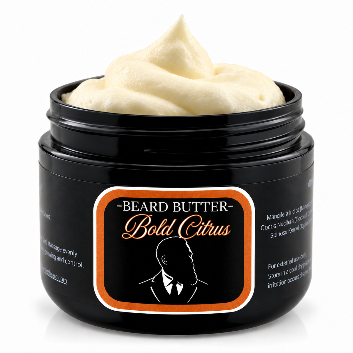 Open jar of Distinguished Beard Co Bold Citrus Beard Butter with whipped ivory cream