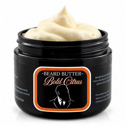 Open jar of Distinguished Beard Co Bold Citrus Beard Butter with whipped ivory cream
