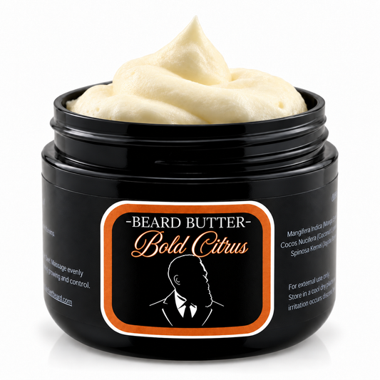 Open jar of Distinguished Beard Co Bold Citrus Beard Butter with whipped ivory cream