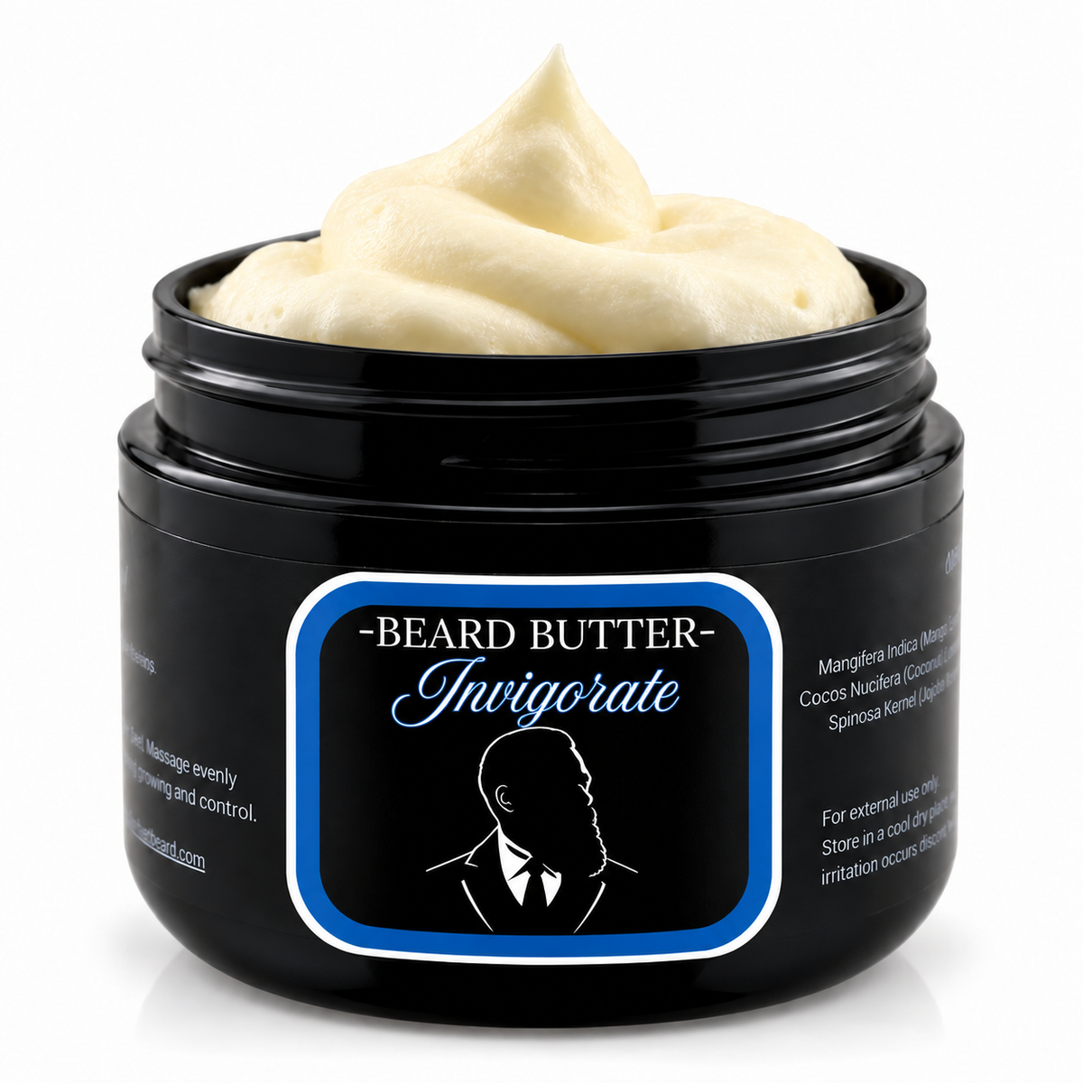 Open jar of Distinguished Beard Co Invigorate Beard Butter with whipped ivory cream