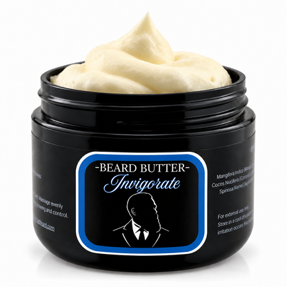 Open jar of Distinguished Beard Co Invigorate Beard Butter with whipped ivory cream
