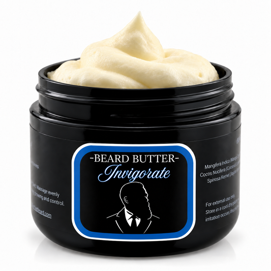 Open jar of Distinguished Beard Co Invigorate Beard Butter with whipped ivory cream