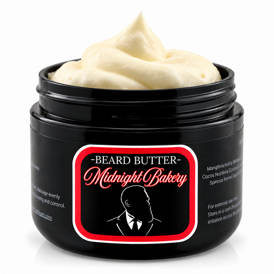 Open jar of Distinguished Beard Co Midnight Bakery Beard Butter with whipped ivory cream
