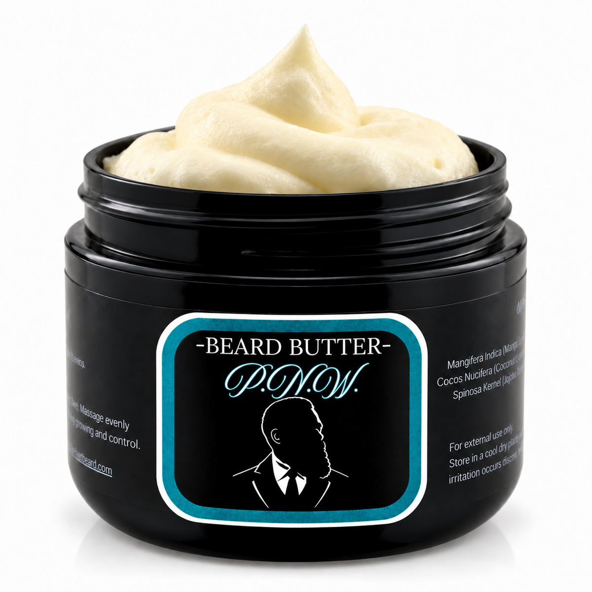 Open jar of Distinguished Beard Co P.N.W. Beard Butter with whipped ivory cream