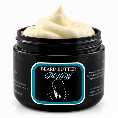 Open jar of Distinguished Beard Co P.N.W. Beard Butter with whipped ivory cream