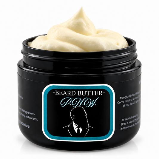 Open jar of Distinguished Beard Co P.N.W. Beard Butter with whipped ivory cream