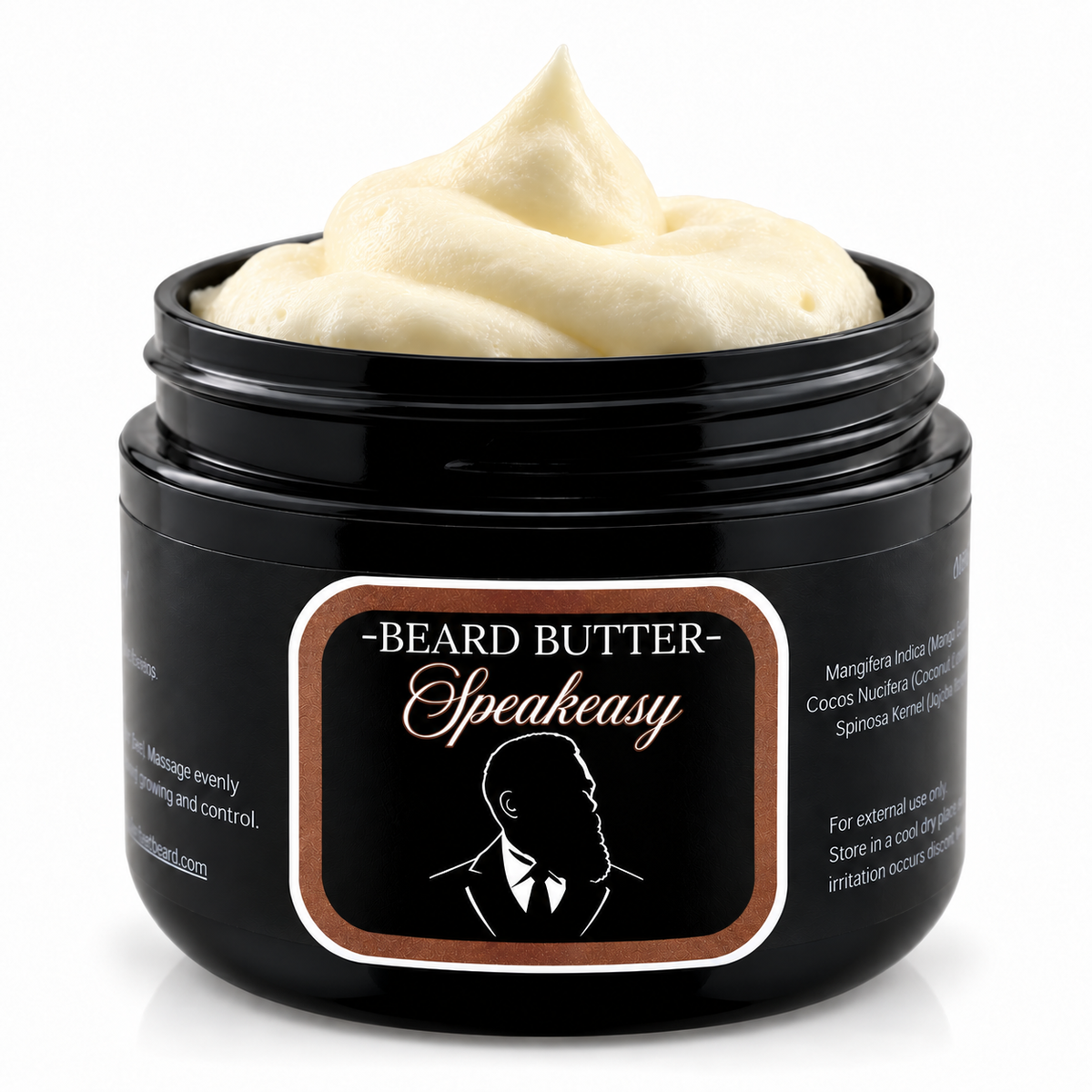 Open jar of Distinguished Beard Co Speakeasy Beard Butter with whipped ivory cream