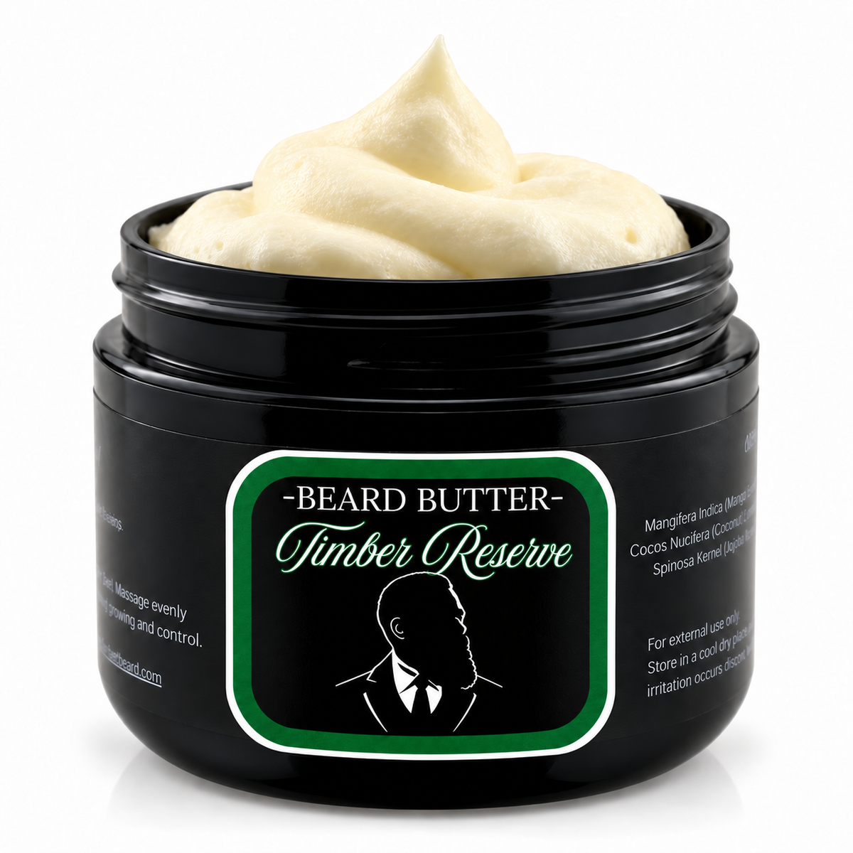 Open jar of Distinguished Beard Co Timber Reserve Beard Butter with whipped ivory cream