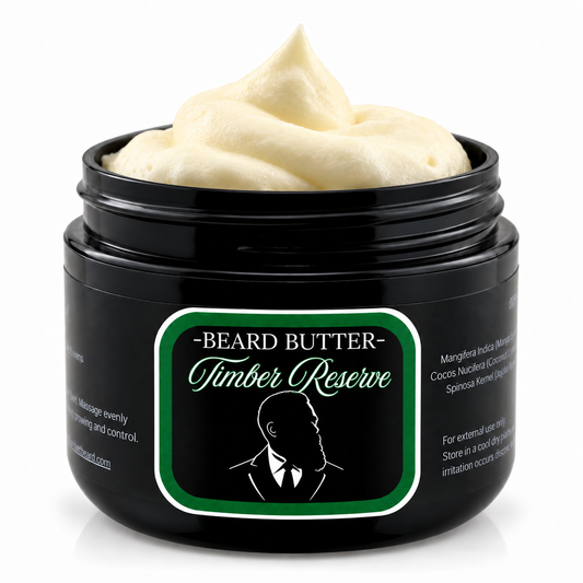 Open jar of Distinguished Beard Co Timber Reserve Beard Butter with whipped ivory cream