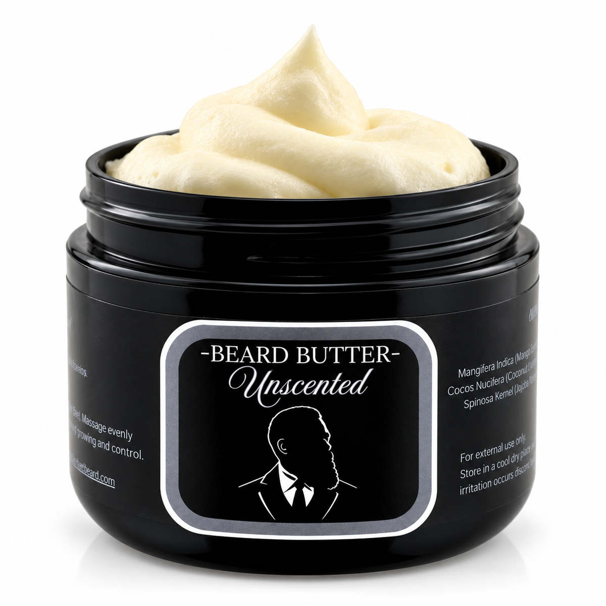 Open jar of Distinguished Beard Co Unscented Beard Butter with whipped ivory cream