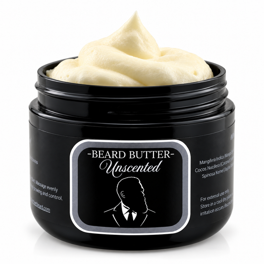 Open jar of Distinguished Beard Co Unscented Beard Butter with whipped ivory cream