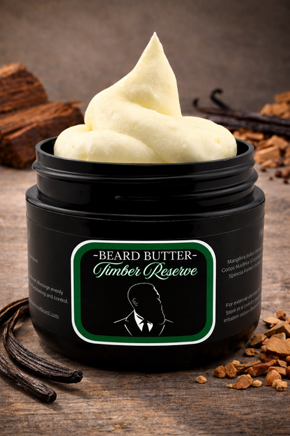 Distinguished Beard Co Timber Reserve Beard Butter with matching scent label