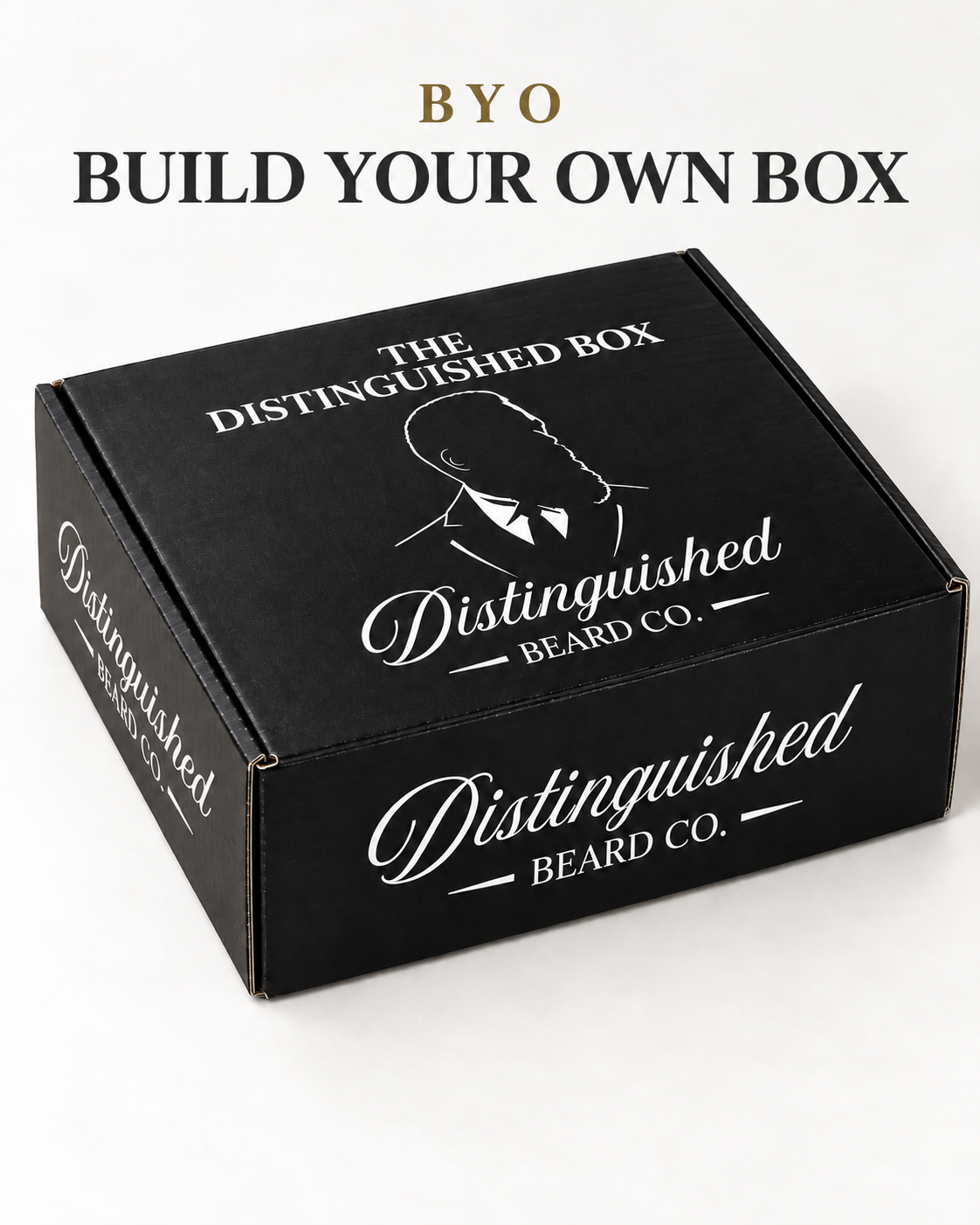 BYO Build Your Own Box heading above the black Distinguished Beard Co. Distinguished Box