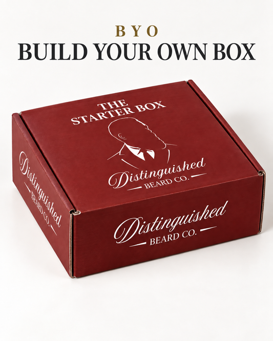 BYO Build Your Own Box heading above the deep-red Distinguished Beard Co. Starter Box