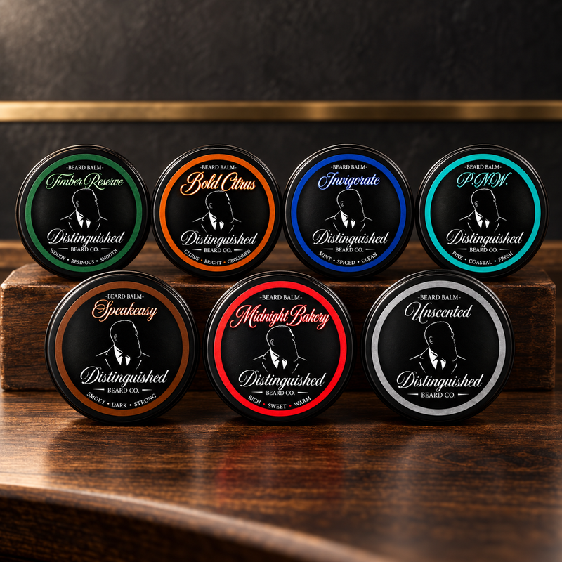 Beard Balms collection by Distinguished Beard Co. on a dark walnut barbershop counter, featuring Timber Reserve, Bold Citrus, Invigorate, P.N.W., Speakeasy, Midnight Bakery, and Unscented.