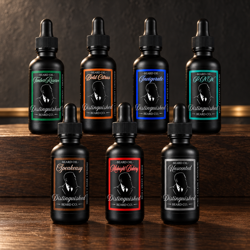 Beard Oils collection by Distinguished Beard Co. on a dark walnut barbershop counter, featuring Timber Reserve, Bold Citrus, Invigorate, P.N.W., Speakeasy, Midnight Bakery, and Unscented.