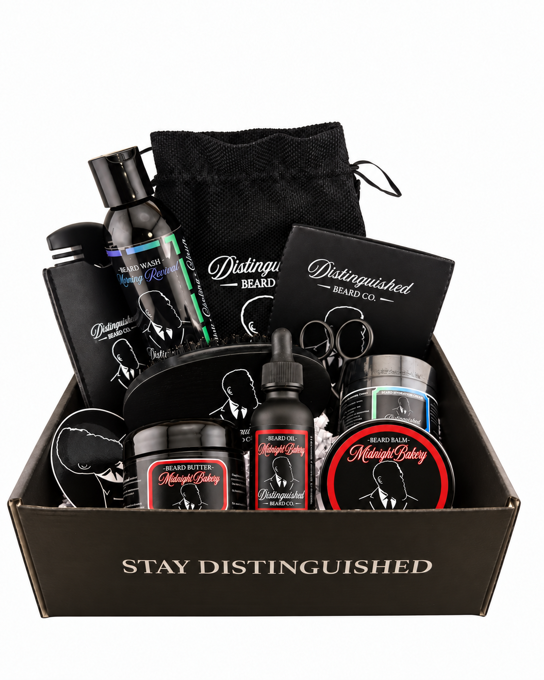 Distinguished Beard Co. Midnight Bakery Distinguished Box with matching red scent labels and black beard oil bottle
