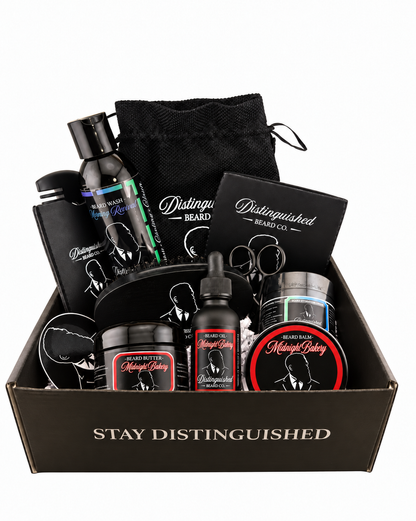 Distinguished Beard Co. Midnight Bakery Distinguished Box with matching red scent labels and black beard oil bottle