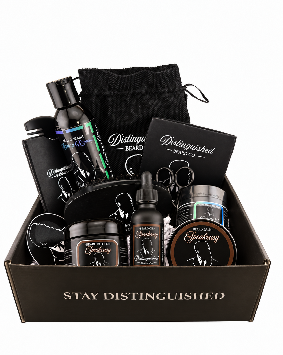 Distinguished Beard Co. Speakeasy Distinguished Box with matching brown scent labels and black beard oil bottle