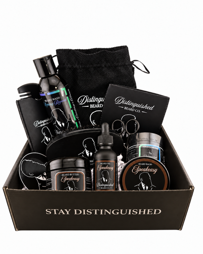 Distinguished Beard Co. Speakeasy Distinguished Box with matching brown scent labels and black beard oil bottle