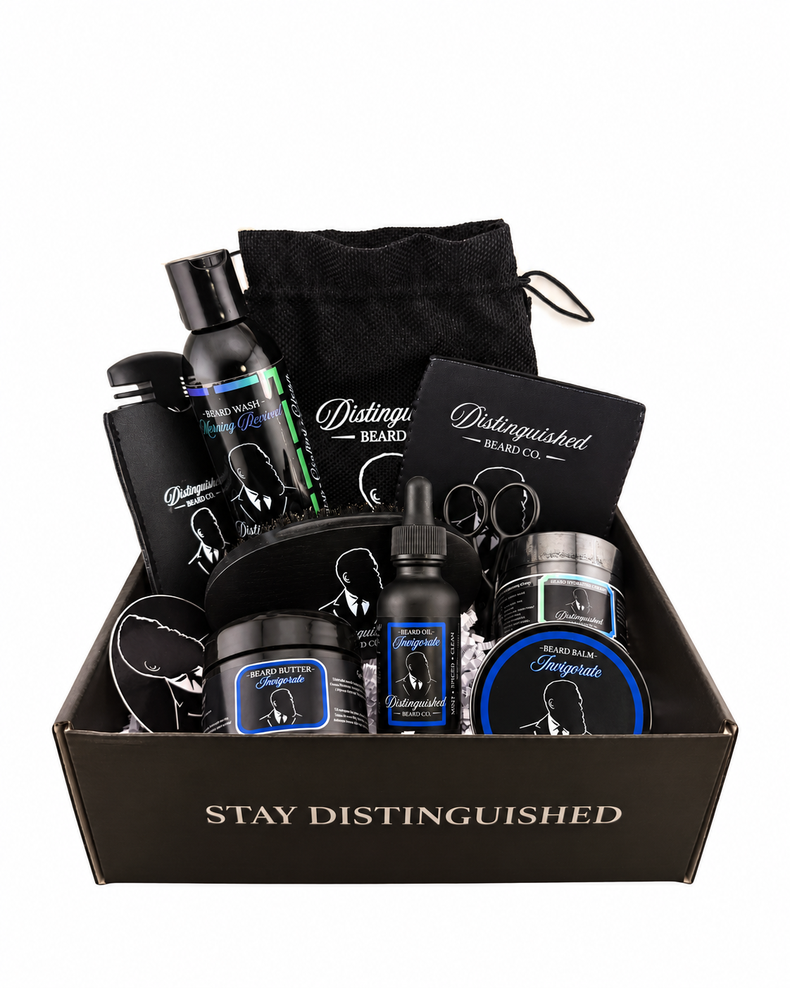 Distinguished Beard Co Invigorate Distinguished Box with matching scent labels and black beard oil bottle