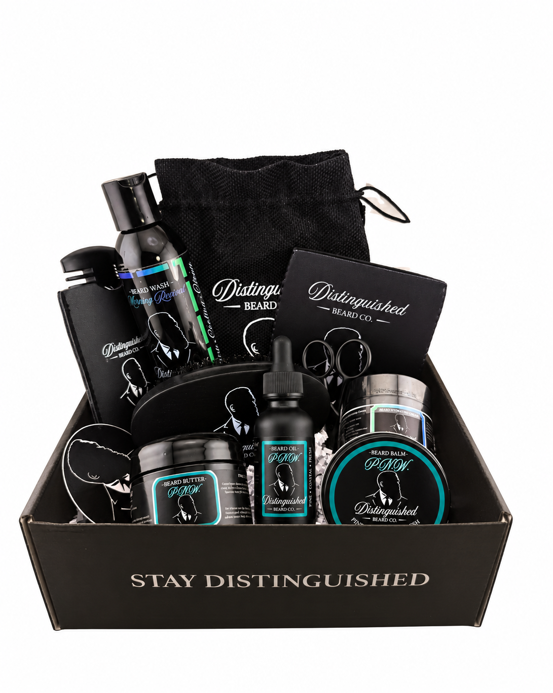 Distinguished Beard Co P.N.W. Distinguished Box with matching scent labels and black beard oil bottle