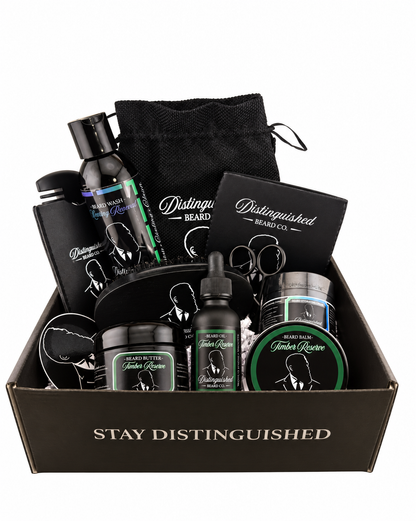 Distinguished Beard Co Timber Reserve Distinguished Box with matching scent labels and black beard oil bottle