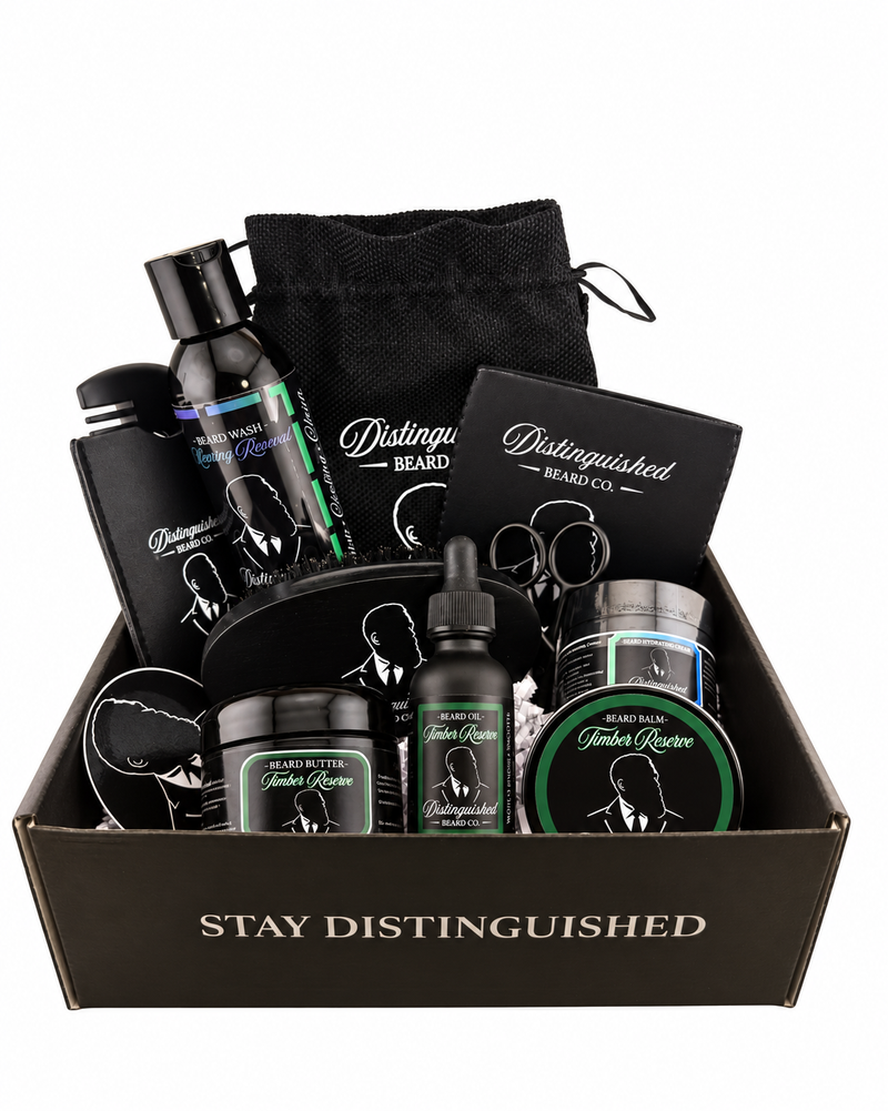Distinguished Beard Co Timber Reserve Distinguished Box with matching scent labels and black beard oil bottle