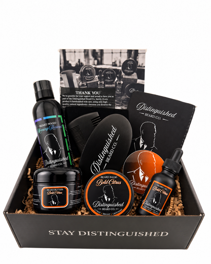 Distinguished Beard Co Bold Citrus Distinguished Box with matching scent labels and black beard oil bottle