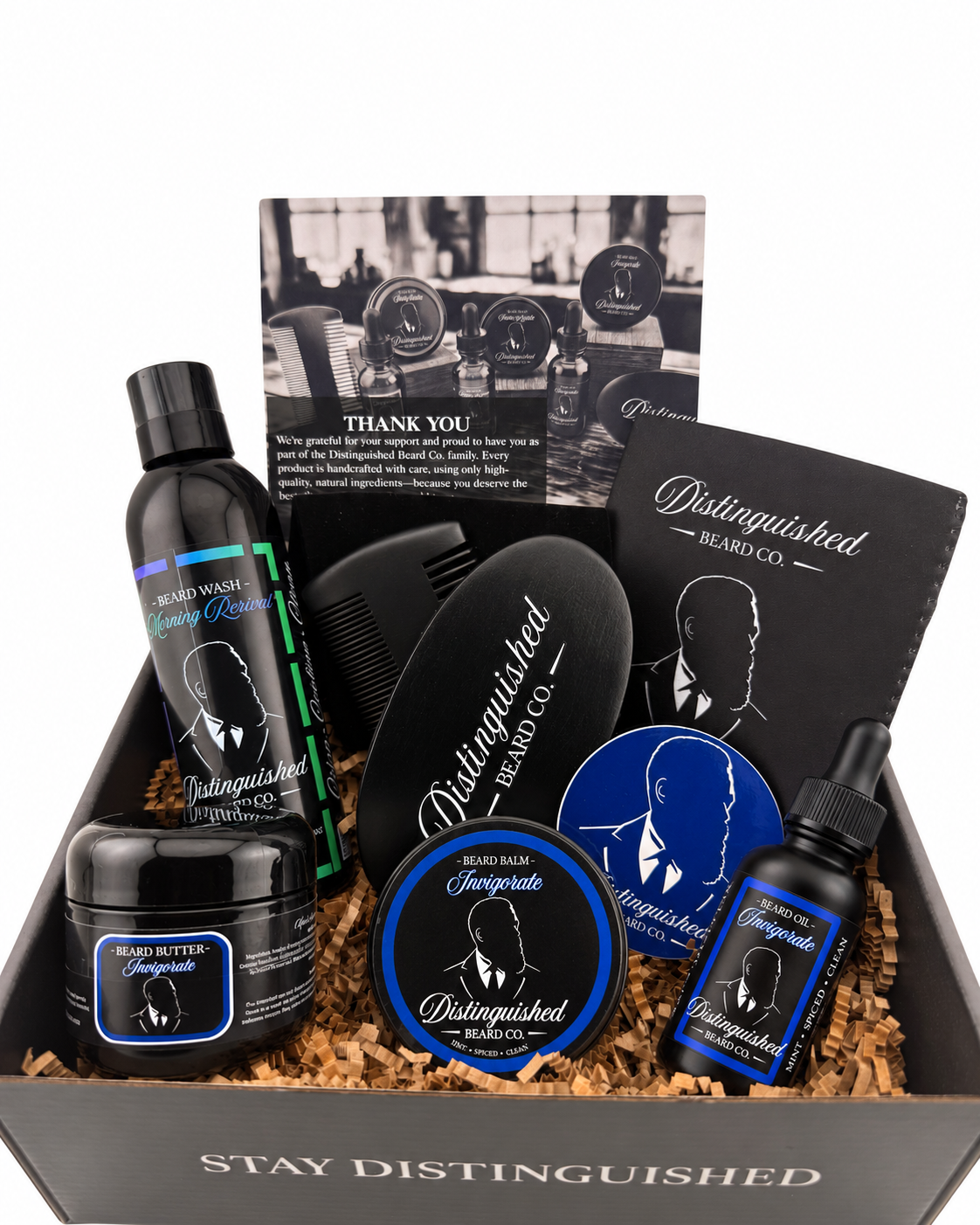 Distinguished Beard Co Invigorate Distinguished Box with matching scent labels and black beard oil bottle