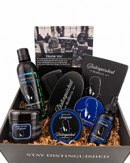 Distinguished Beard Co Invigorate Distinguished Box with matching scent labels and black beard oil bottle