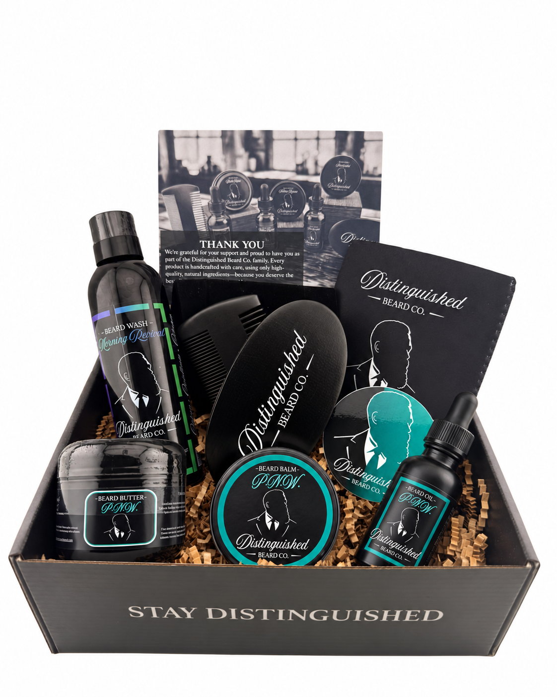 Distinguished Beard Co. P.N.W. Distinguished box with matching teal scent labels and black beard oil bottle