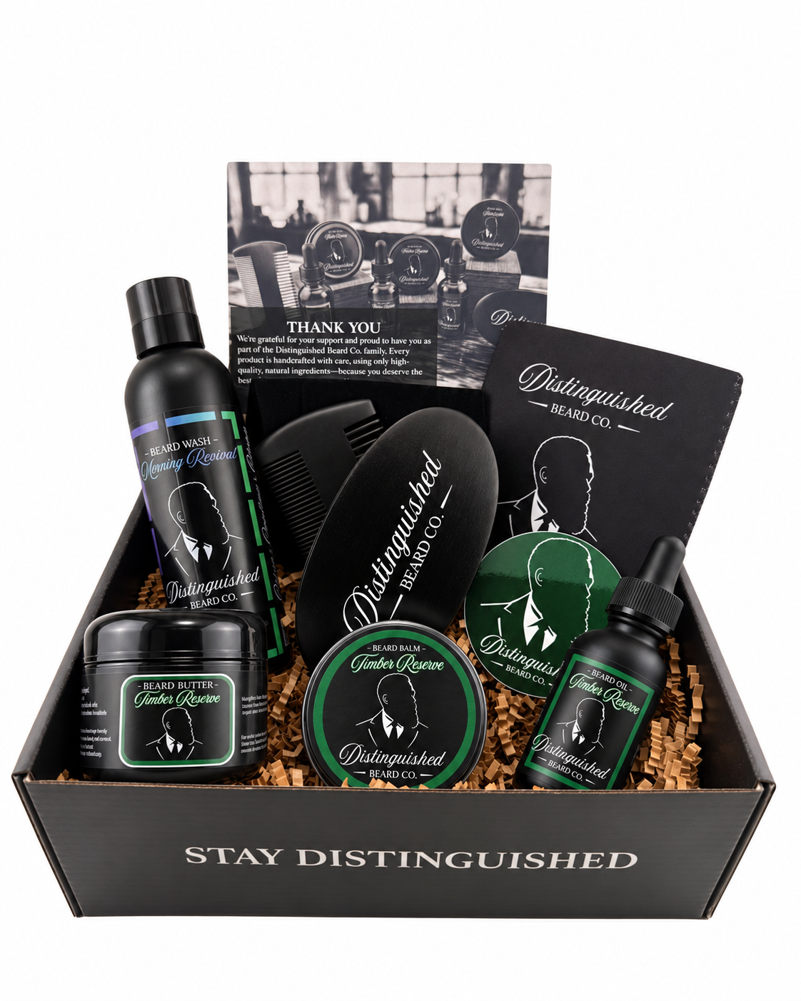 Distinguished Beard Co Timber Reserve Distinguished Box with matching scent labels and black beard oil bottle