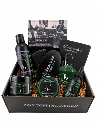 Distinguished Beard Co Timber Reserve Distinguished Box with matching scent labels and black beard oil bottle