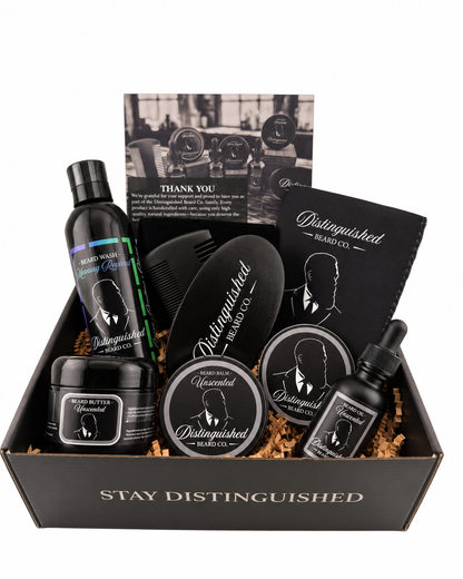 Distinguished Beard Co Unscented Distinguished Box with matching scent labels and black beard oil bottle