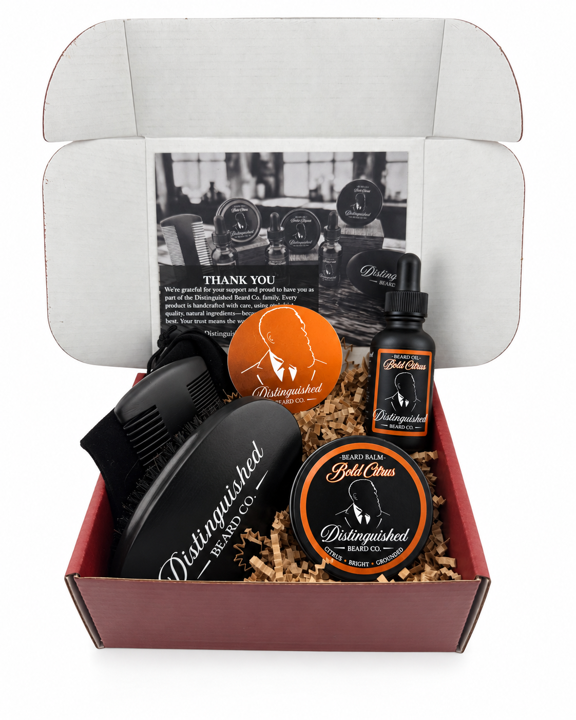 Distinguished Beard Co Bold Citrus Starter Box with matching scent labels and black beard oil bottle