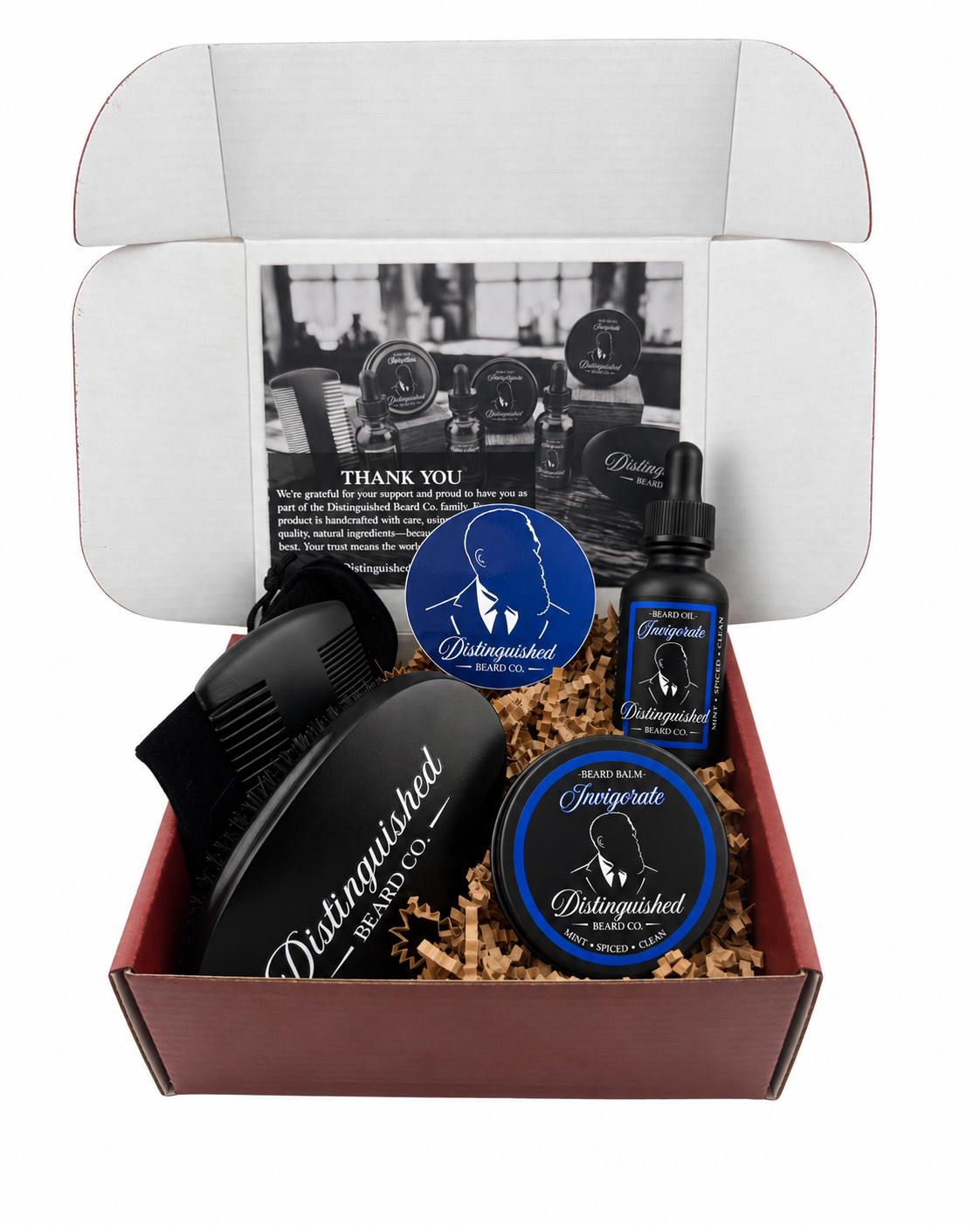 Distinguished Beard Co Invigorate Starter Box with matching scent labels and black beard oil bottle