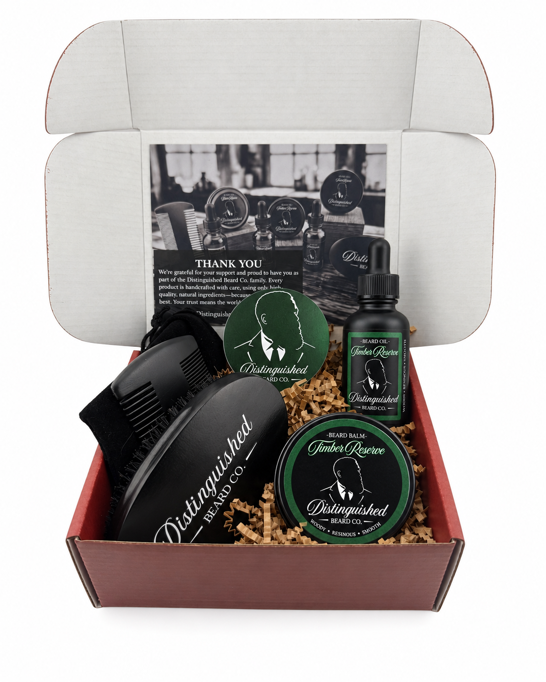 Distinguished Beard Co Timber Reserve Starter Box with matching scent labels and black beard oil bottle